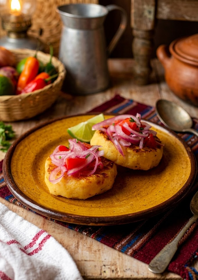 Llapingachos ecuatorianos servidos con huevo frito, chorizo, aguacate y ensalada