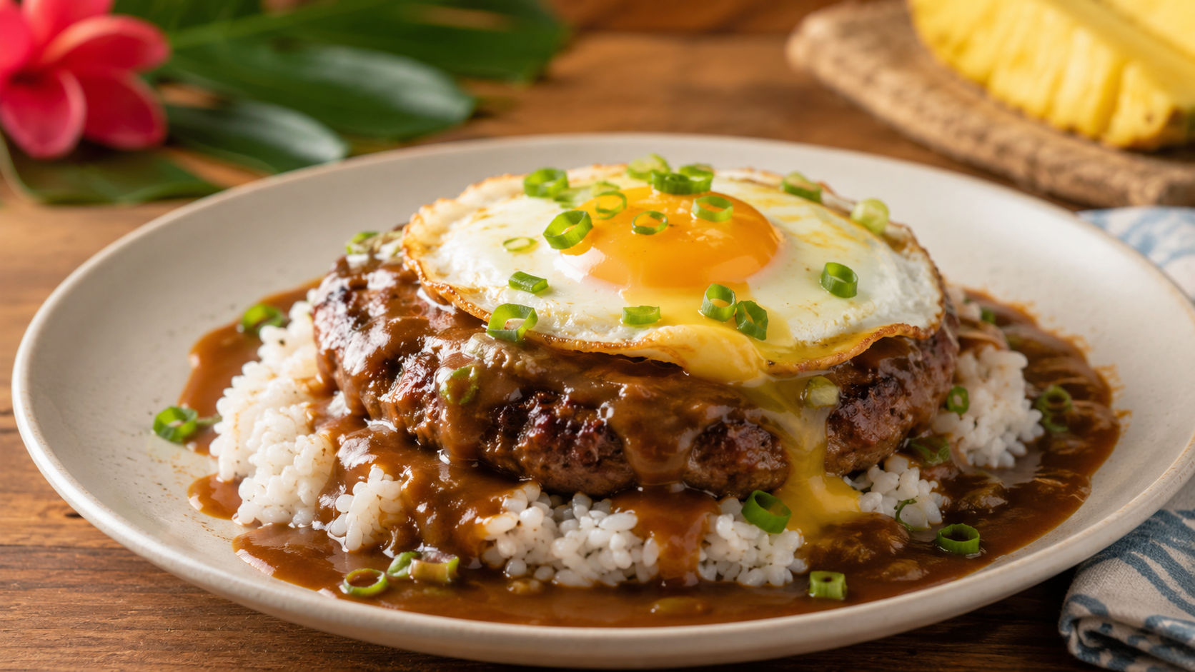 Loco moco hawaiano con arroz blanco, hamburguesa, salsa gravy y huevo frito