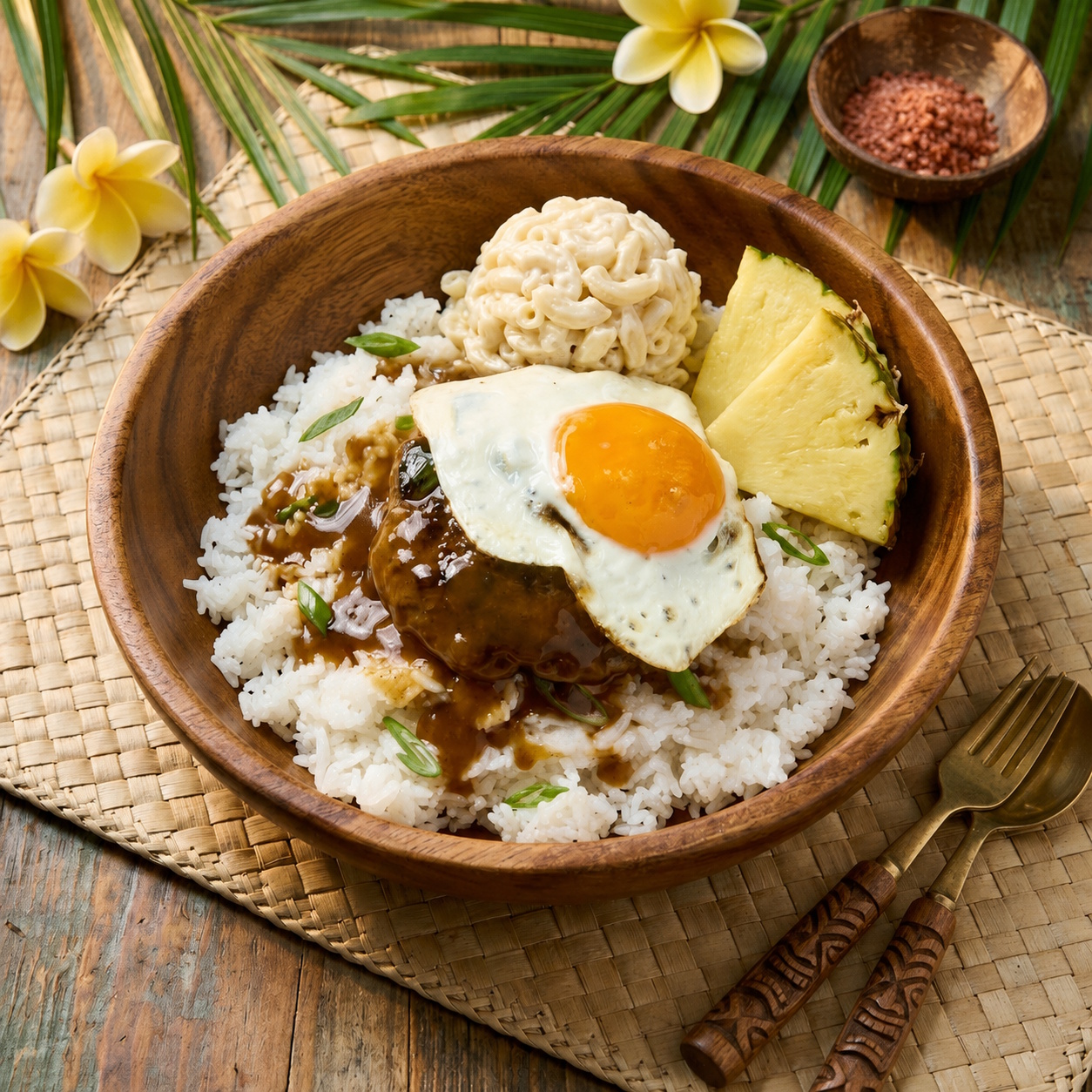 Loco moco hawaiano servido con arroz blanco, hamburguesa, salsa gravy y huevo frito