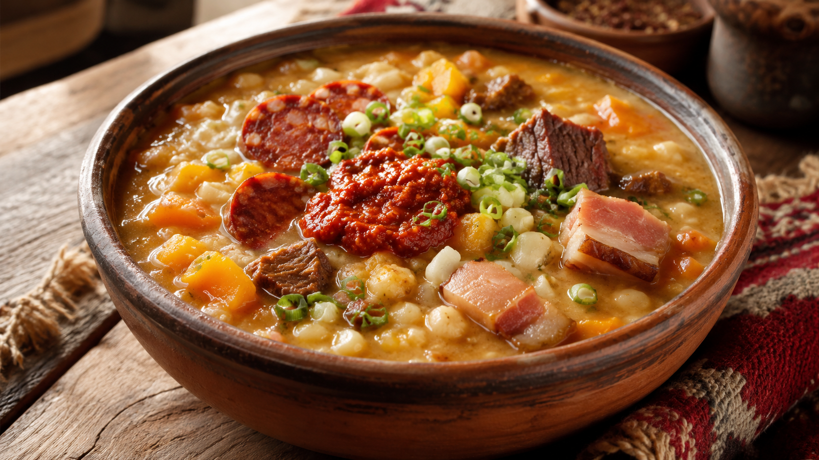 Locro argentino tradicional con maíz blanco, porotos, zapallo, carne, chorizo y salsa colorada