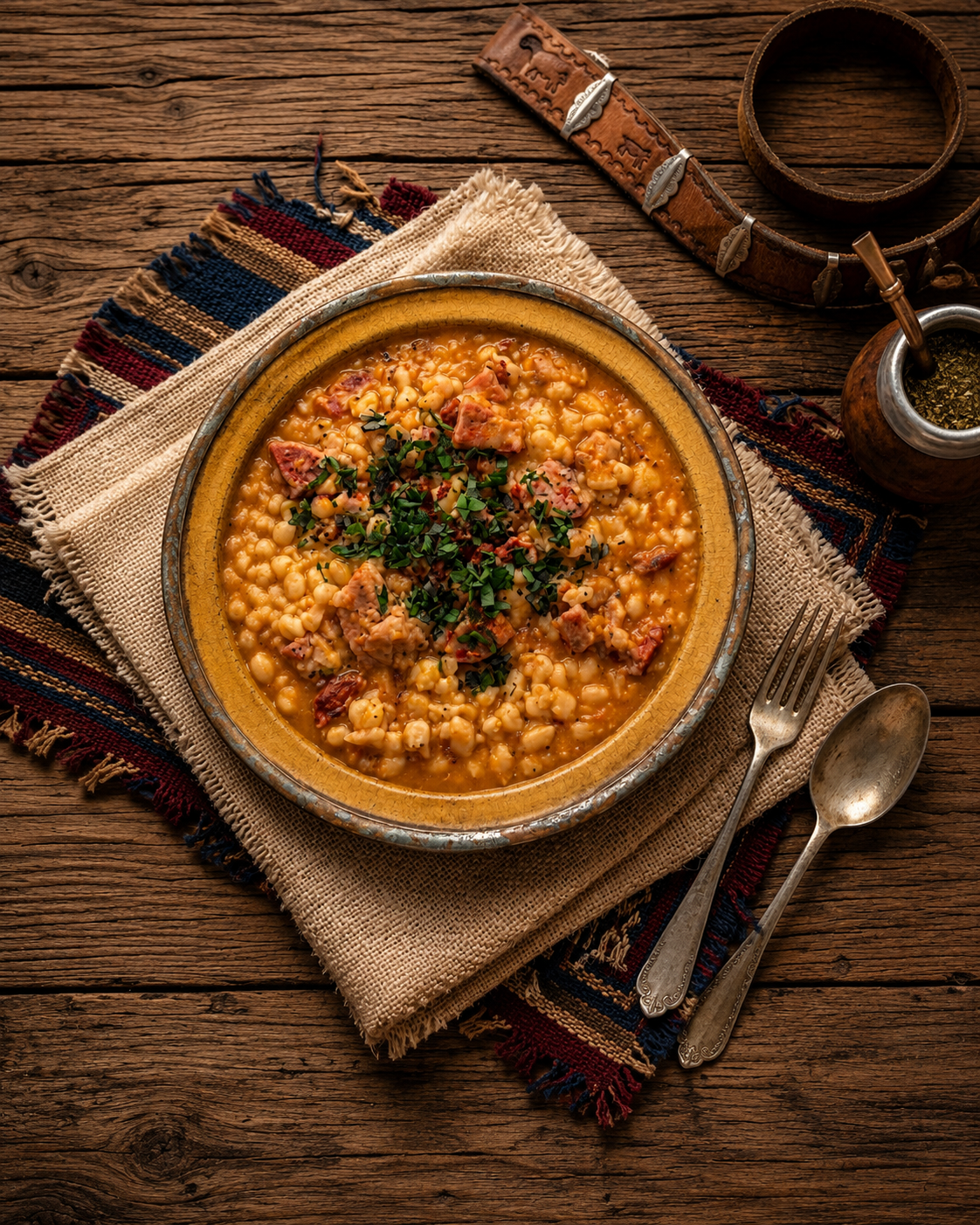 Locro argentino servido en cuenco rústico con salsa colorada y cebolla de verdeo
