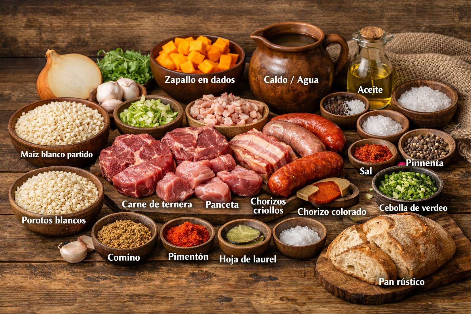 Ingredientes para preparar locro argentino tradicional