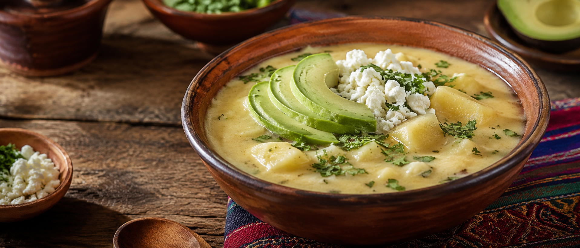 Locro de papa ecuatoriano cremoso servido con queso fresco, aguacate y cilantro