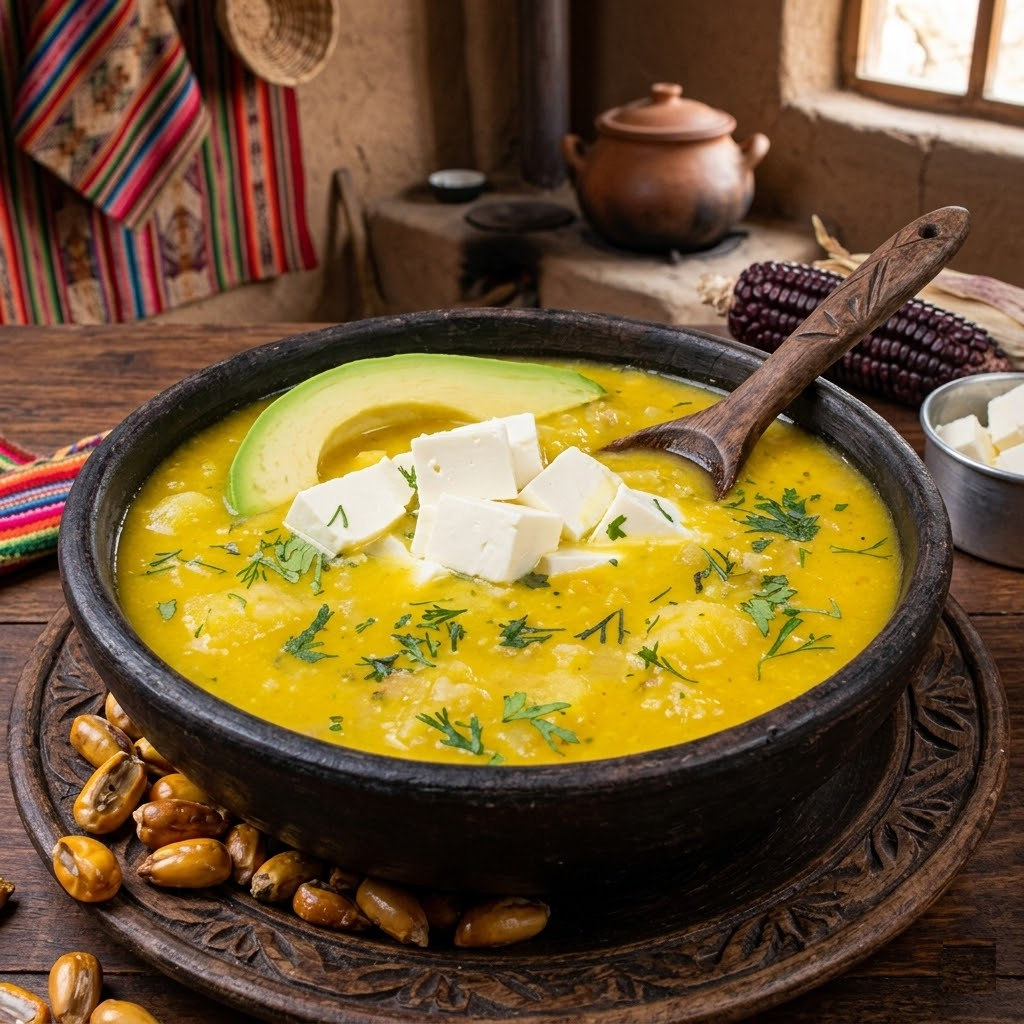 Locro de papa ecuatoriano servido con aguacate, queso fresco y cilantro