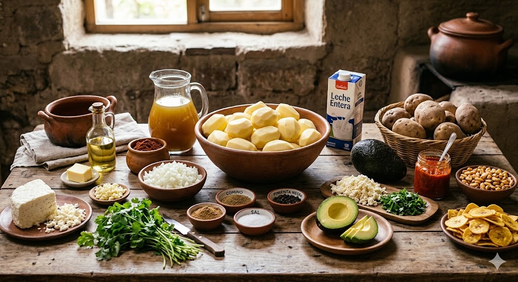 Ingredientes para preparar locro de papa ecuatoriano