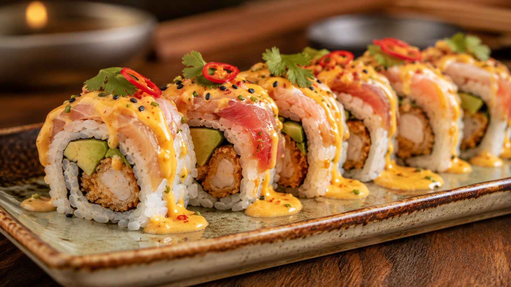 Maki acevichado con langostino crujiente, aguacate, pescado fresco y salsa acevichada