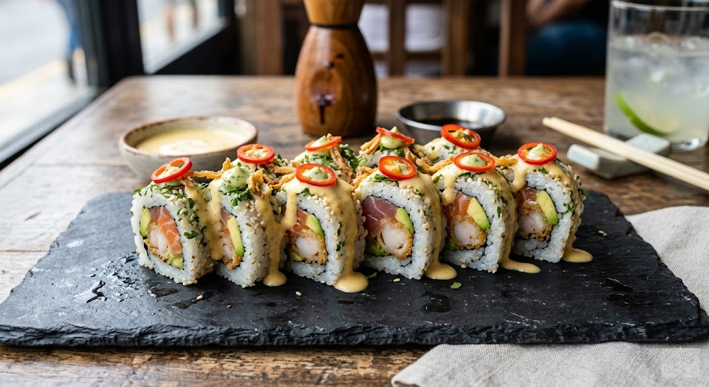 Maki acevichado servido con salsa acevichada, pescado fresco, sésamo y ají