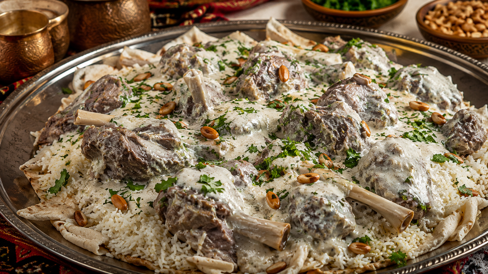 Mansaf jordano con cordero, arroz especiado, salsa de yogur y pan plano