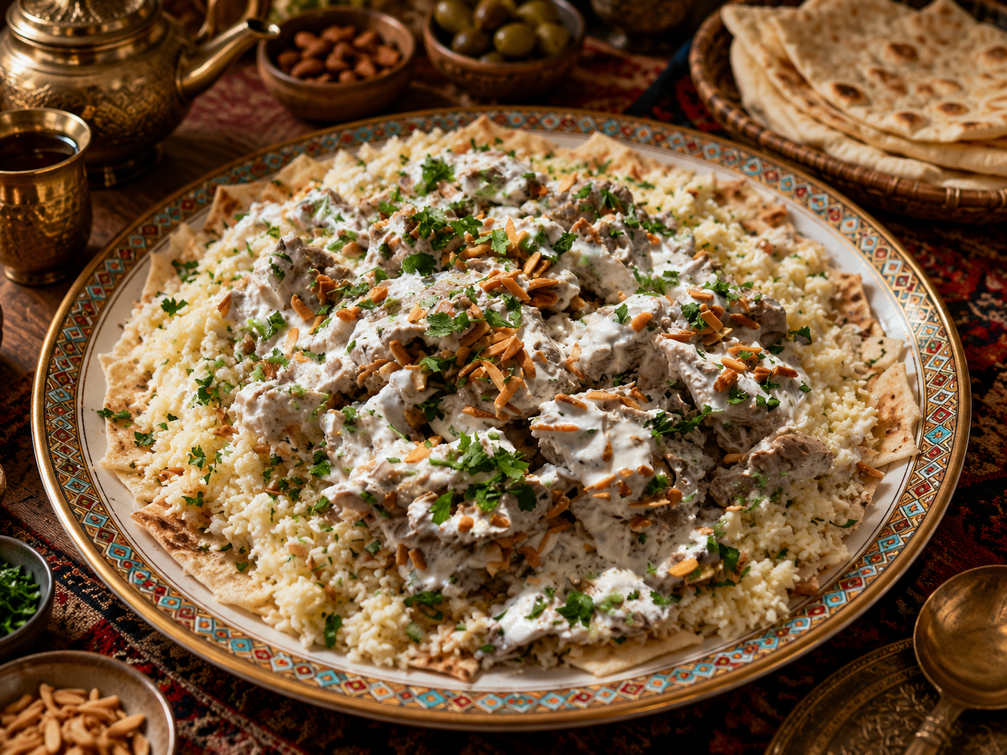 Mansaf jordano servido con cordero, arroz, salsa de yogur y pan plano
