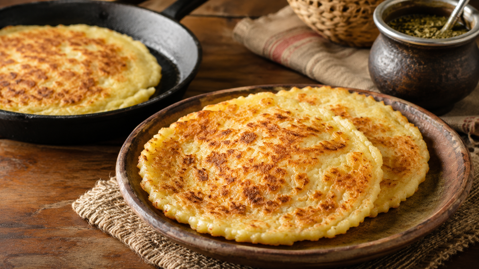 Mbejú paraguayo dorado en sartén servido con queso y mate
