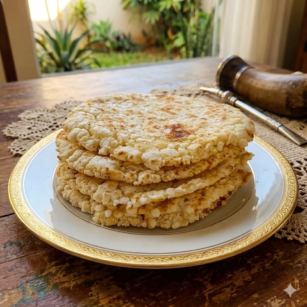 Mbejú paraguayo dorado servido caliente con queso y mate cocido