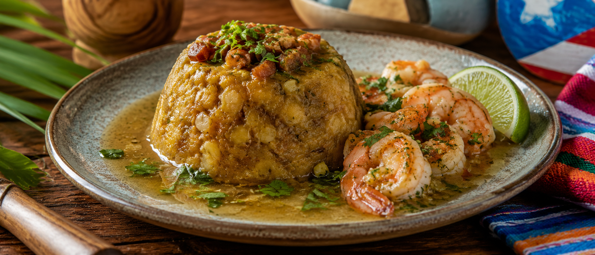 Mofongo puertorriqueño de plátano macho con ajo, chicharrón y caldo