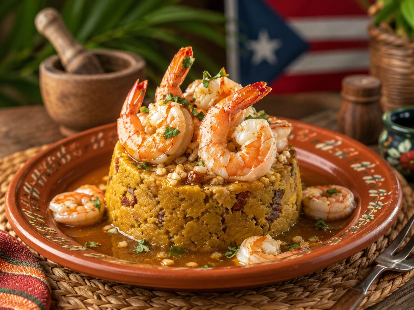 Mofongo puertorriqueño servido con caldo, ajo, chicharrón y acompañamiento de camarones