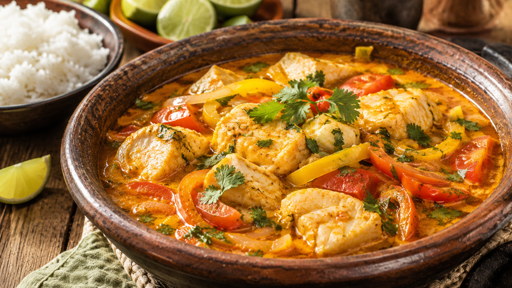 Moqueca brasileña de pescado con leche de coco, pimientos, tomate y cilantro