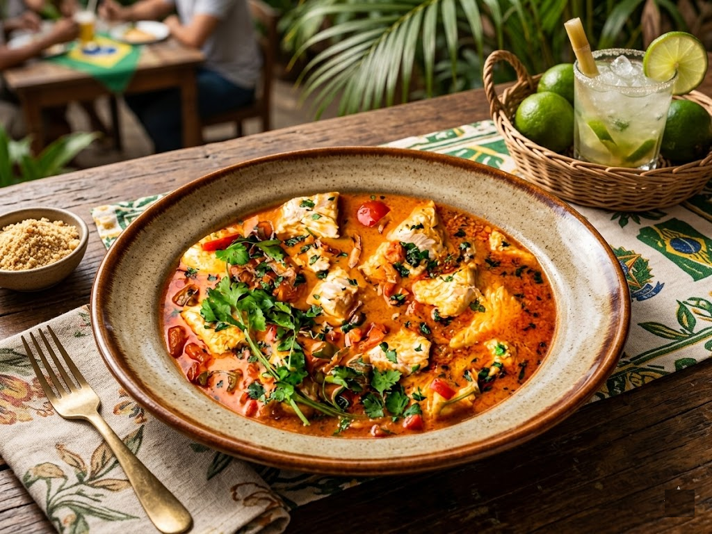 Moqueca brasileña servida en cazuela con pescado, leche de coco, tomate, pimientos y cilantro