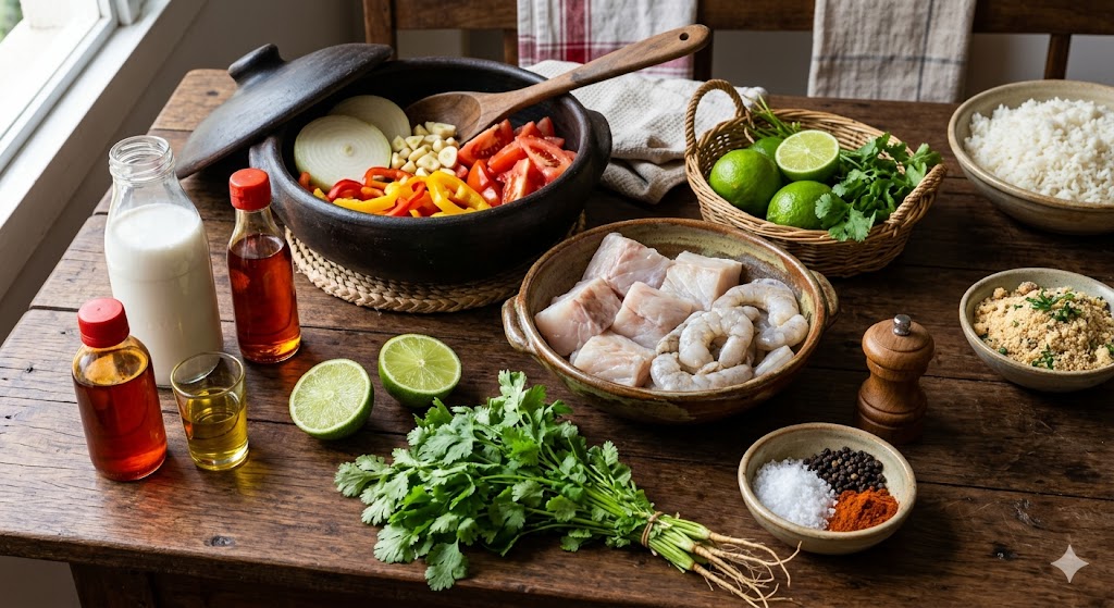 Ingredientes para preparar moqueca brasileña de pescado