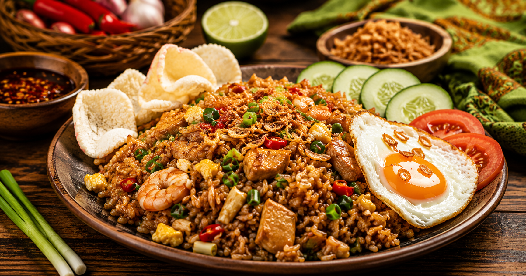 Nasi goreng indonesio con arroz frito, huevo, pollo, gambas, pepino, tomate y salsa kecap manis