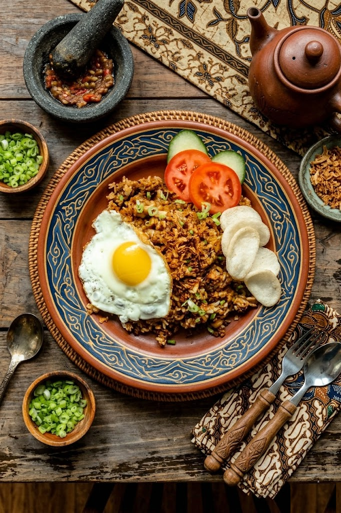 Nasi goreng indonesio servido con huevo frito, pepino, tomate y lima