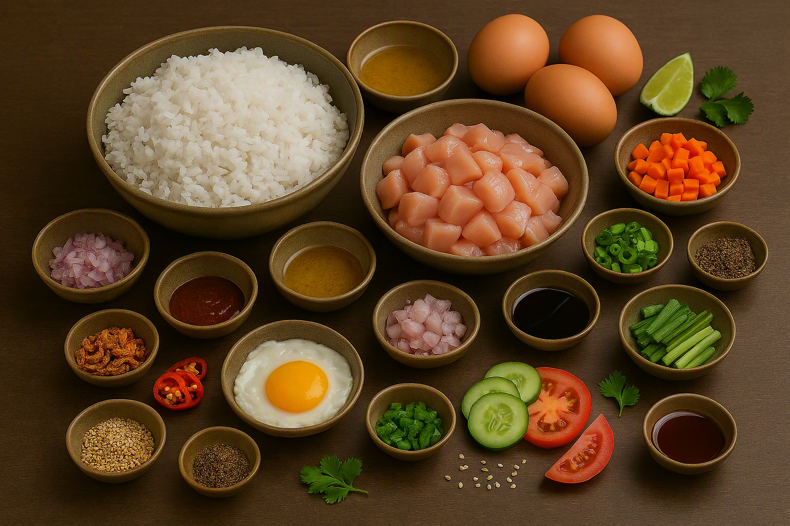 Ingredientes para preparar nasi goreng indonesio