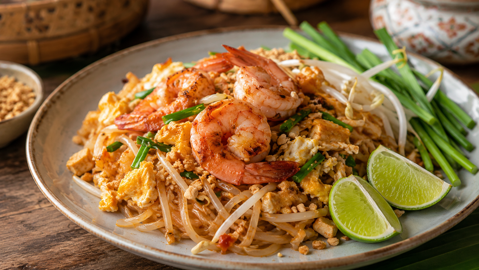 Pad thai tailandés con fideos de arroz, gambas, brotes de soja, lima y cacahuete