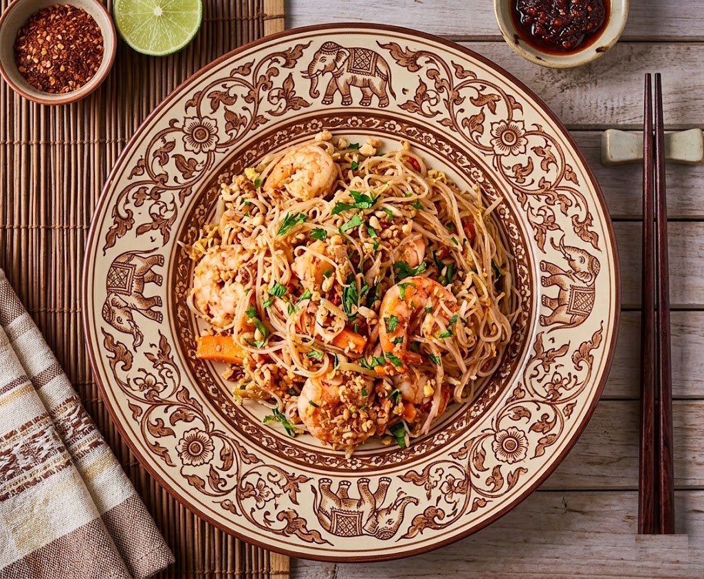 Pad thai servido con gambas, lima, brotes de soja, cacahuete y cilantro
