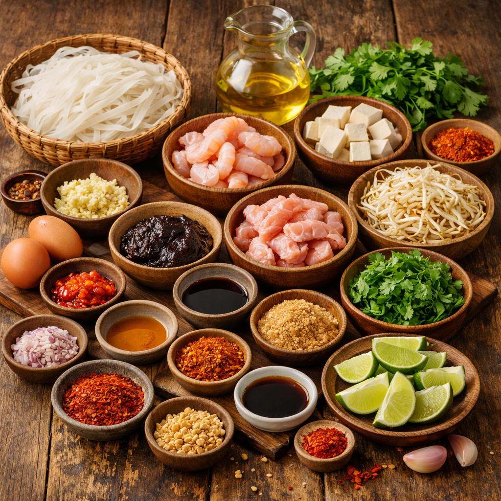 Ingredientes para preparar pad thai tailandés