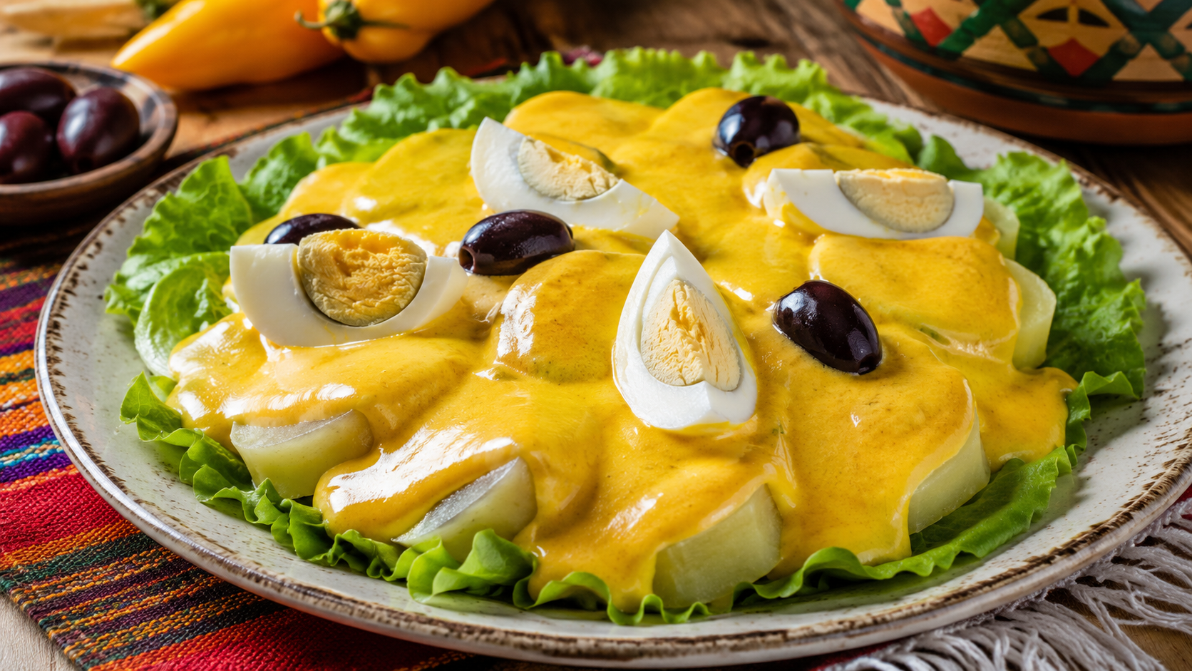 Papa a la huancaína peruana con salsa de ají amarillo, huevo cocido y aceitunas