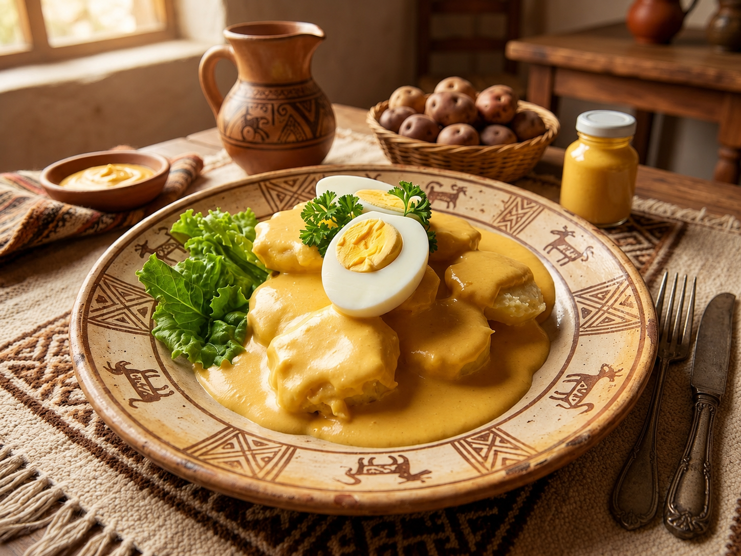 Papa a la huancaína servida con salsa amarilla, huevo cocido, aceitunas negras y lechuga
