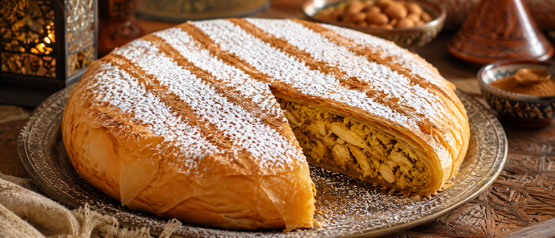 Pastela marroquí dorada con masa crujiente, pollo especiado, azúcar glas y canela