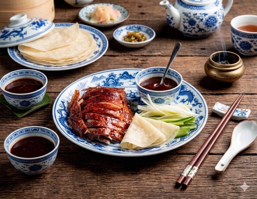 Pato Pekín servido con tortitas, pepino, cebolleta y salsa hoisin