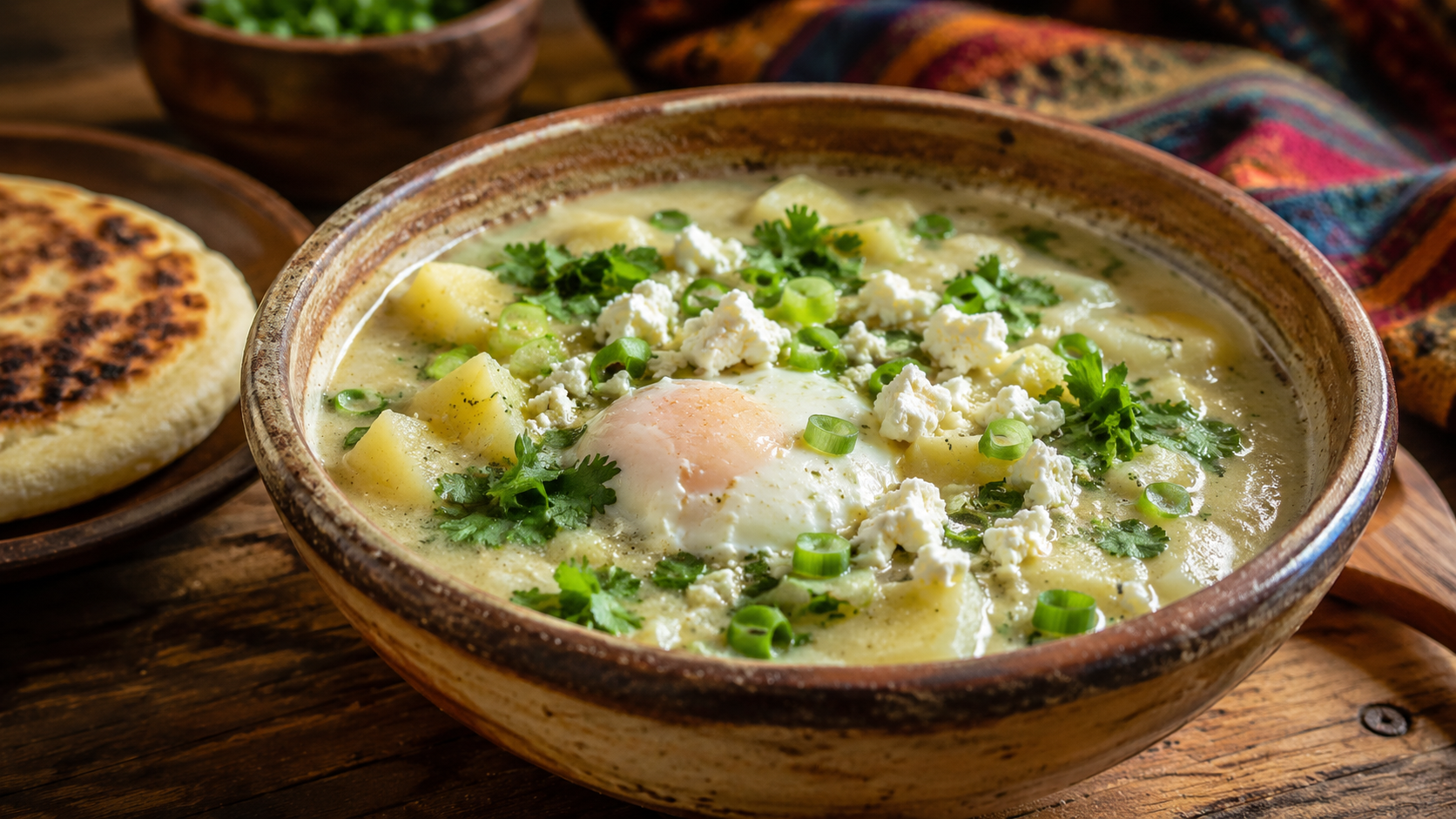 Pisca andina venezolana servida caliente con patata, huevo, queso fresco y cilantro