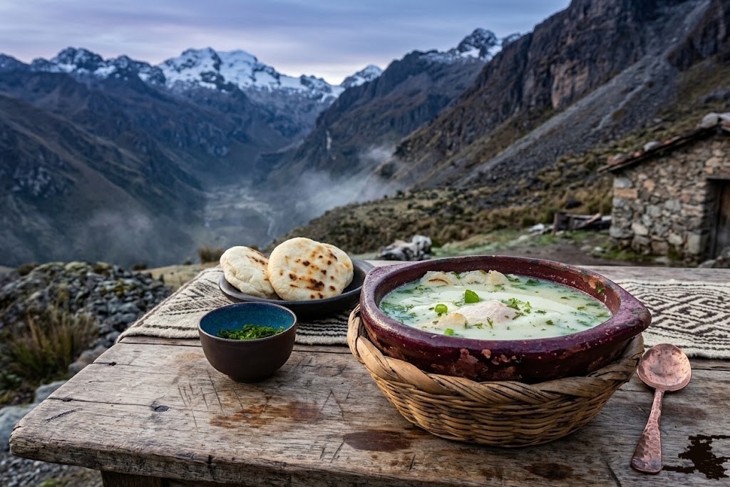 Pisca andina venezolana servida en cuenco con huevo, patata, queso fresco y cilantro