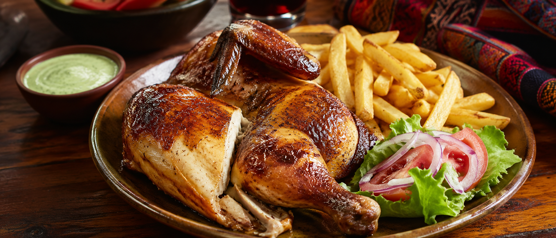Pollo a la brasa peruano dorado con patatas fritas, ensalada y salsa verde