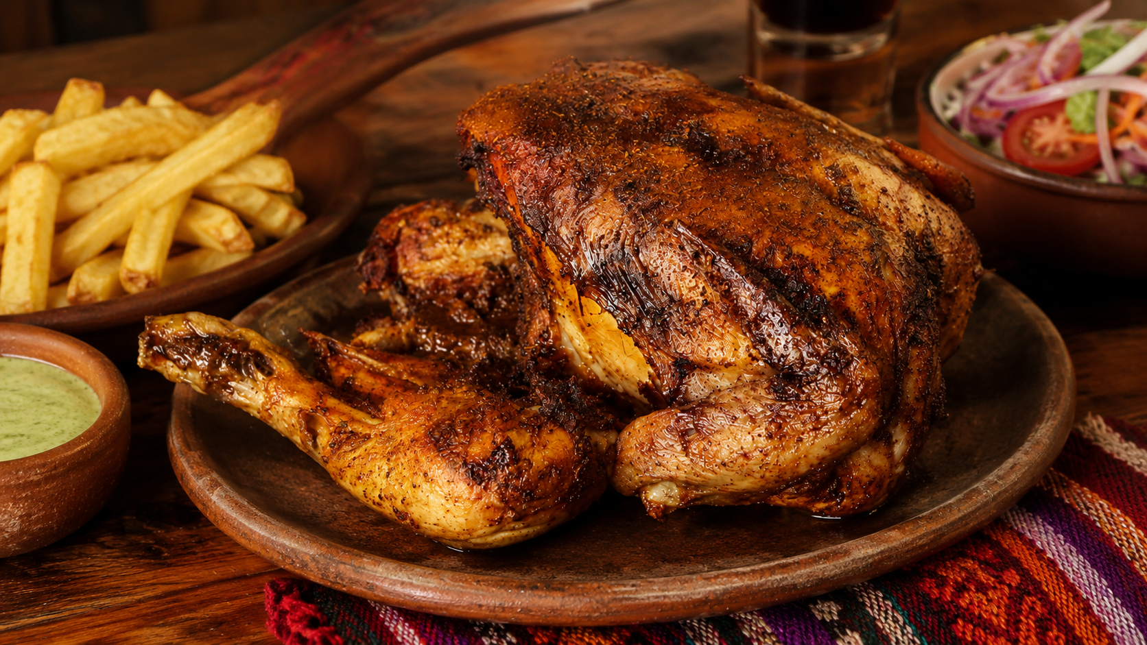 Pollo a la brasa peruano servido con patatas, ensalada y salsa verde