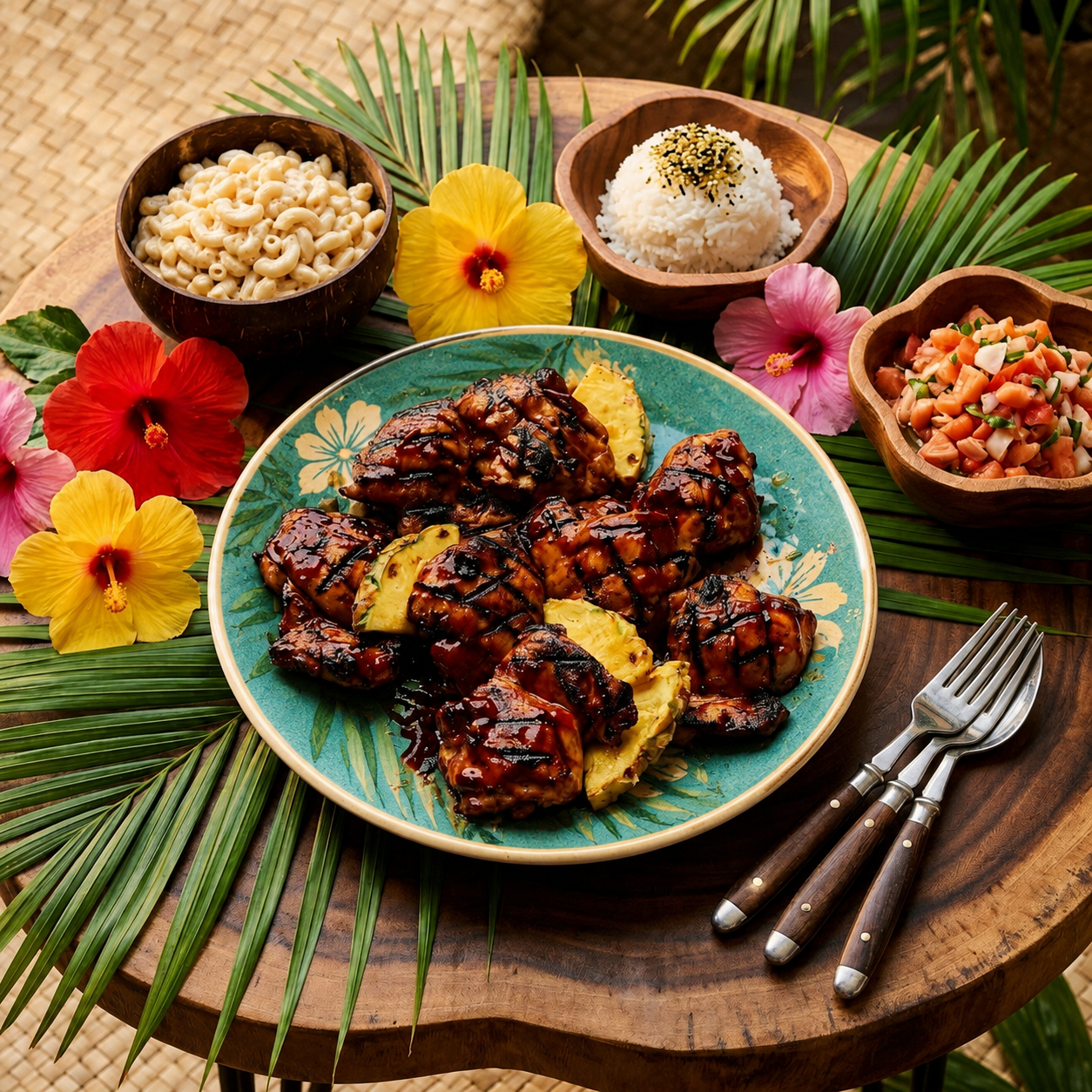 Pollo huli huli hawaiano servido con arroz blanco, piña a la plancha y ensalada de col