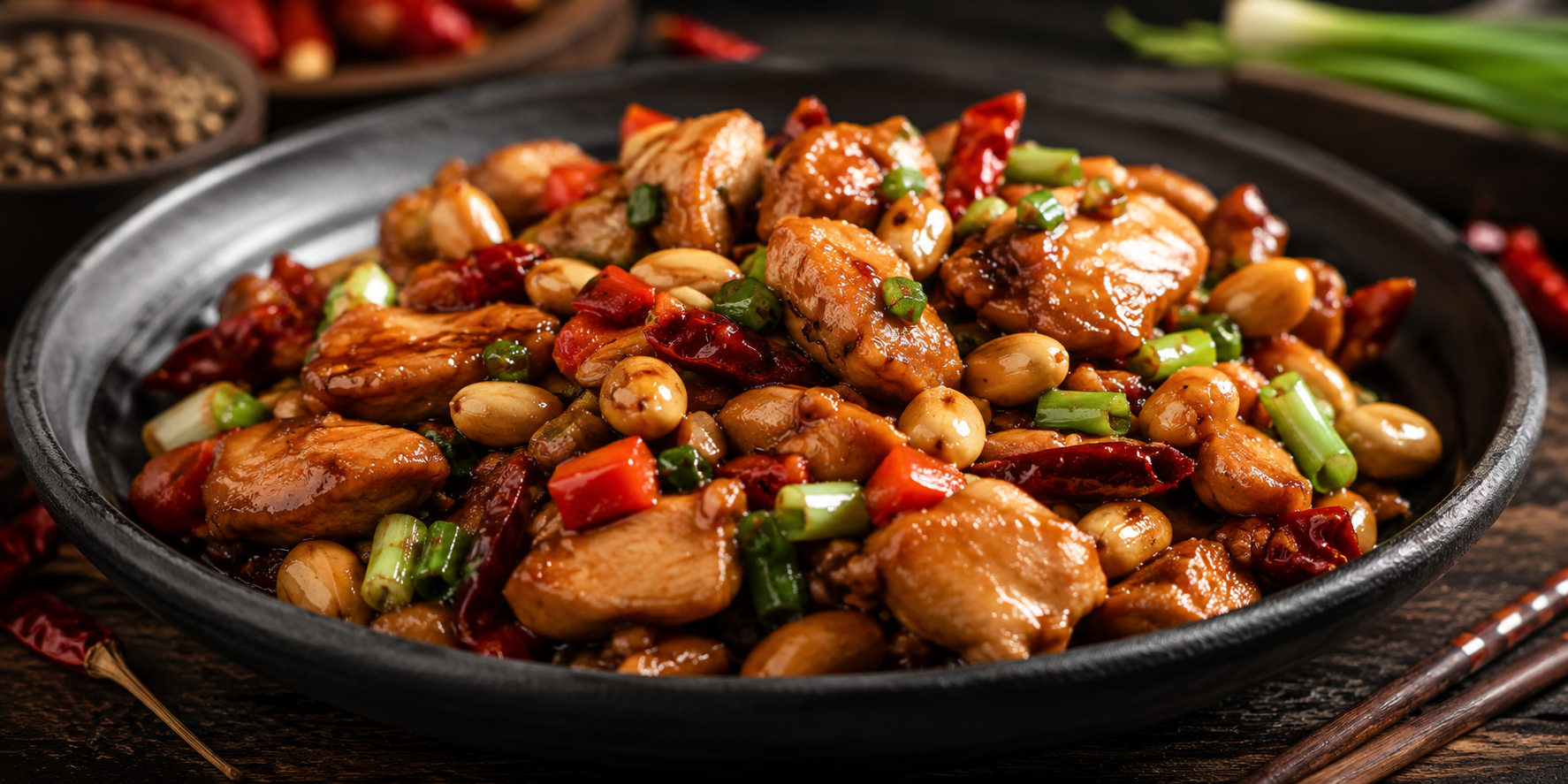 Pollo kung pao salteado con chile, cebolleta, salsa brillante y cacahuetes