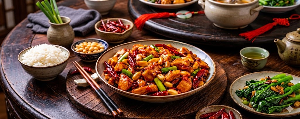 Pollo kung pao servido con arroz blanco, cebolleta y salsa brillante