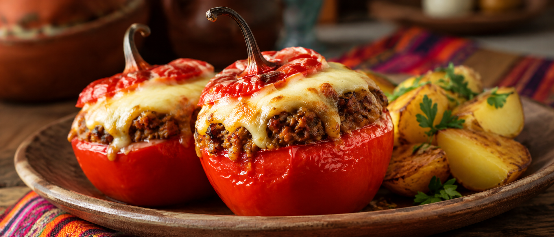 Rocoto relleno peruano gratinado con queso y acompañado de patatas