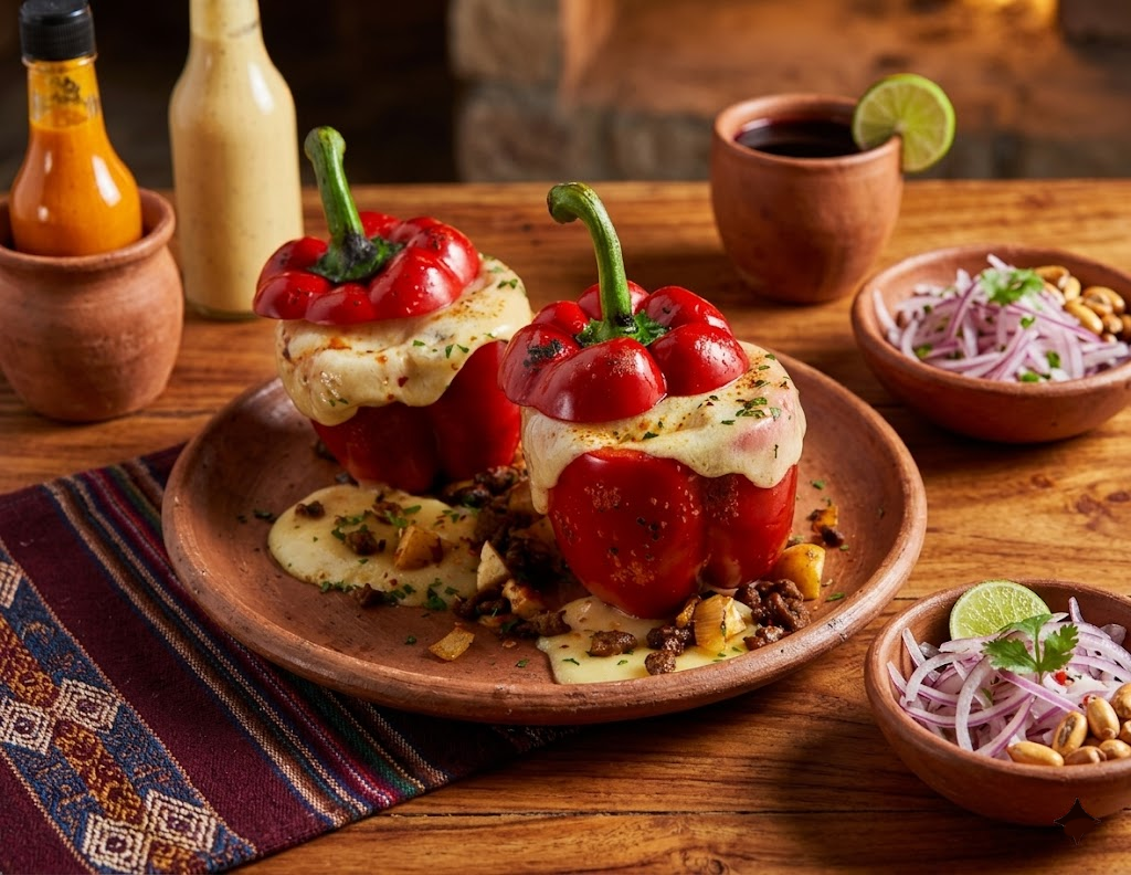 Rocoto relleno peruano servido con patatas doradas