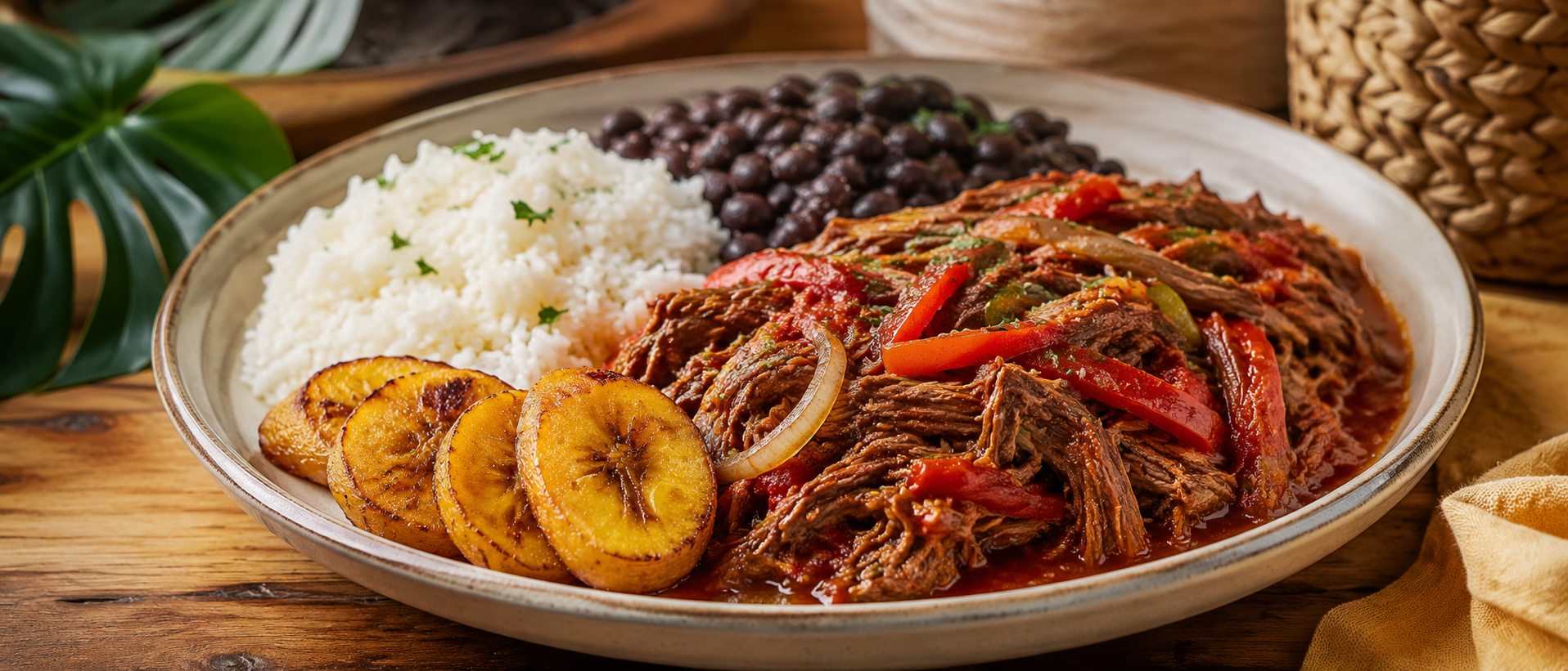 Ropa vieja cubana con carne desmechada, tomate, pimientos, arroz blanco y plátano frito