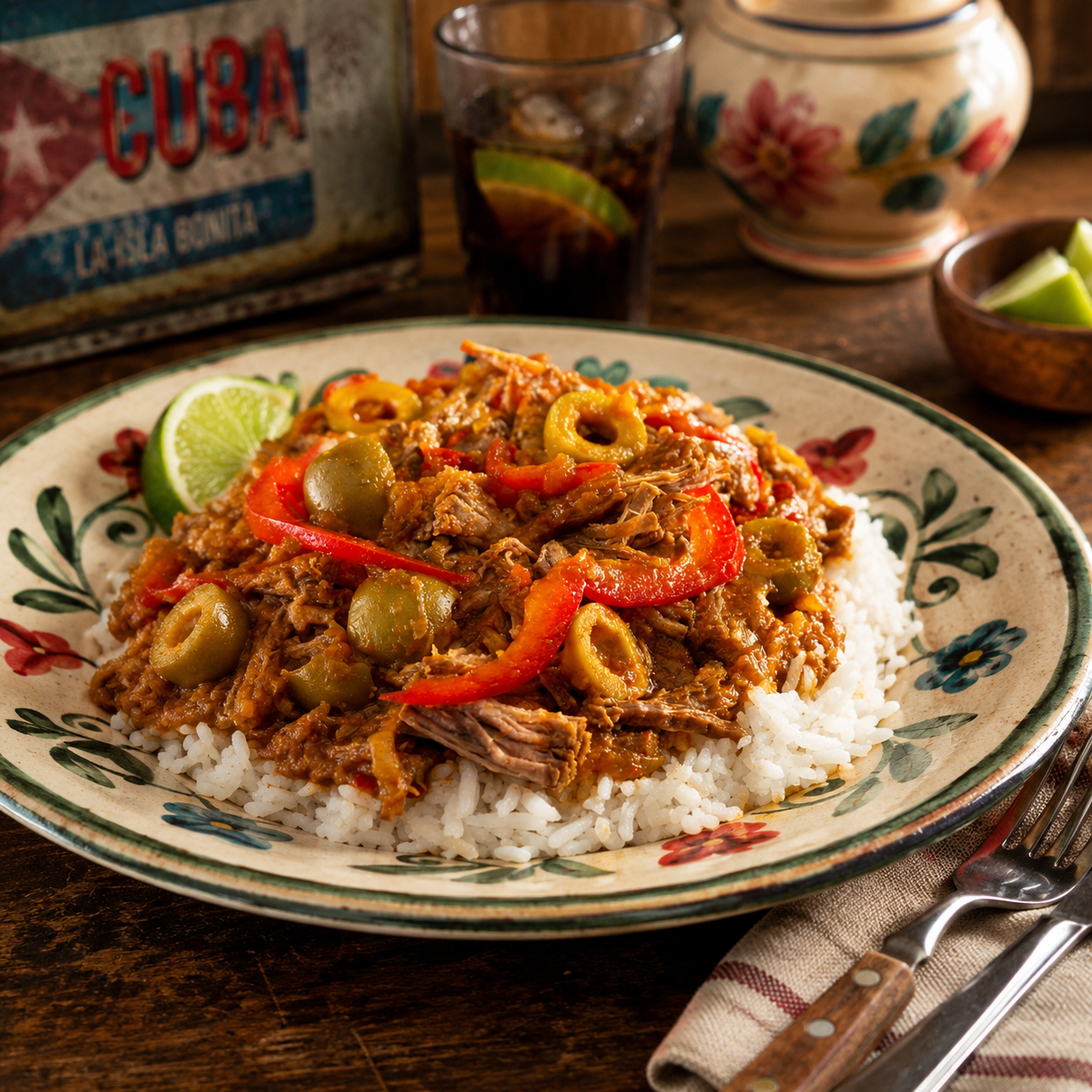 Ropa vieja cubana servida con arroz blanco, frijoles negros y plátano macho frito