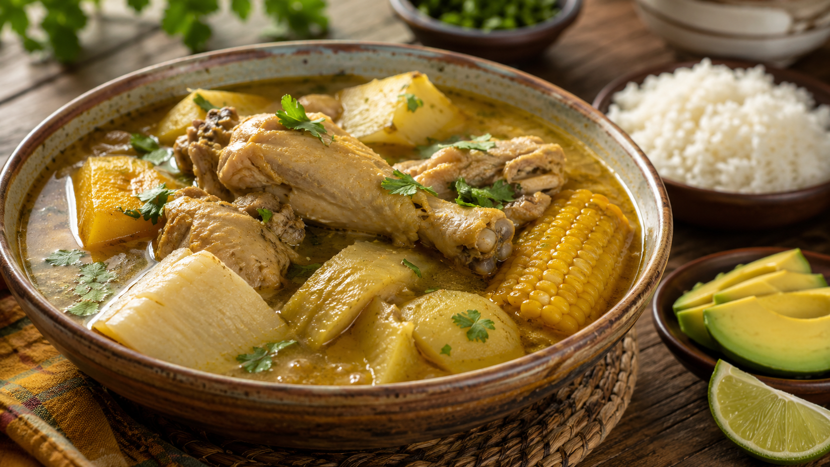 Sancocho colombiano con pollo, yuca, plátano verde, mazorca, patata y cilantro