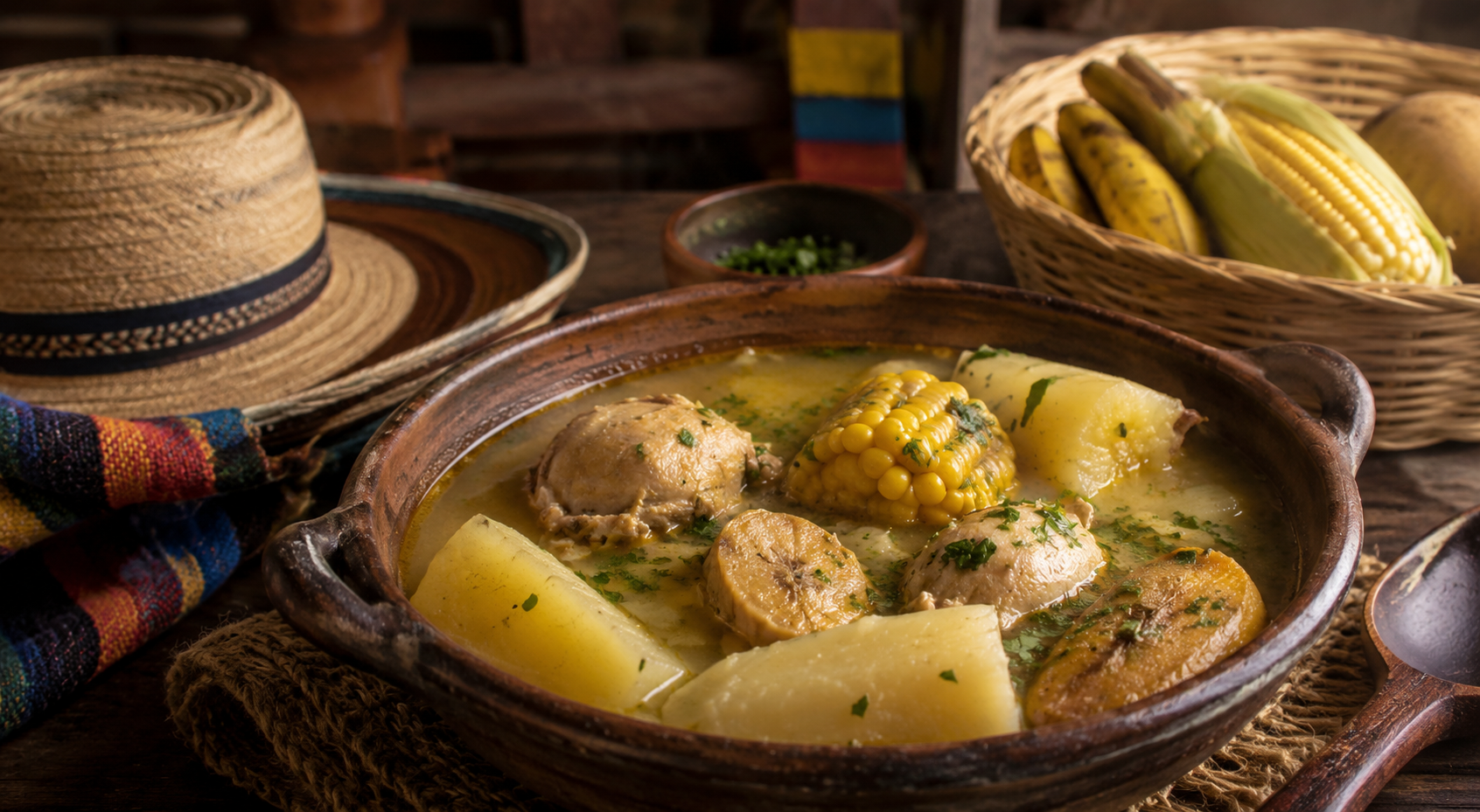 Sancocho colombiano servido con pollo, yuca, plátano verde, mazorca, patata, cilantro y aguacate