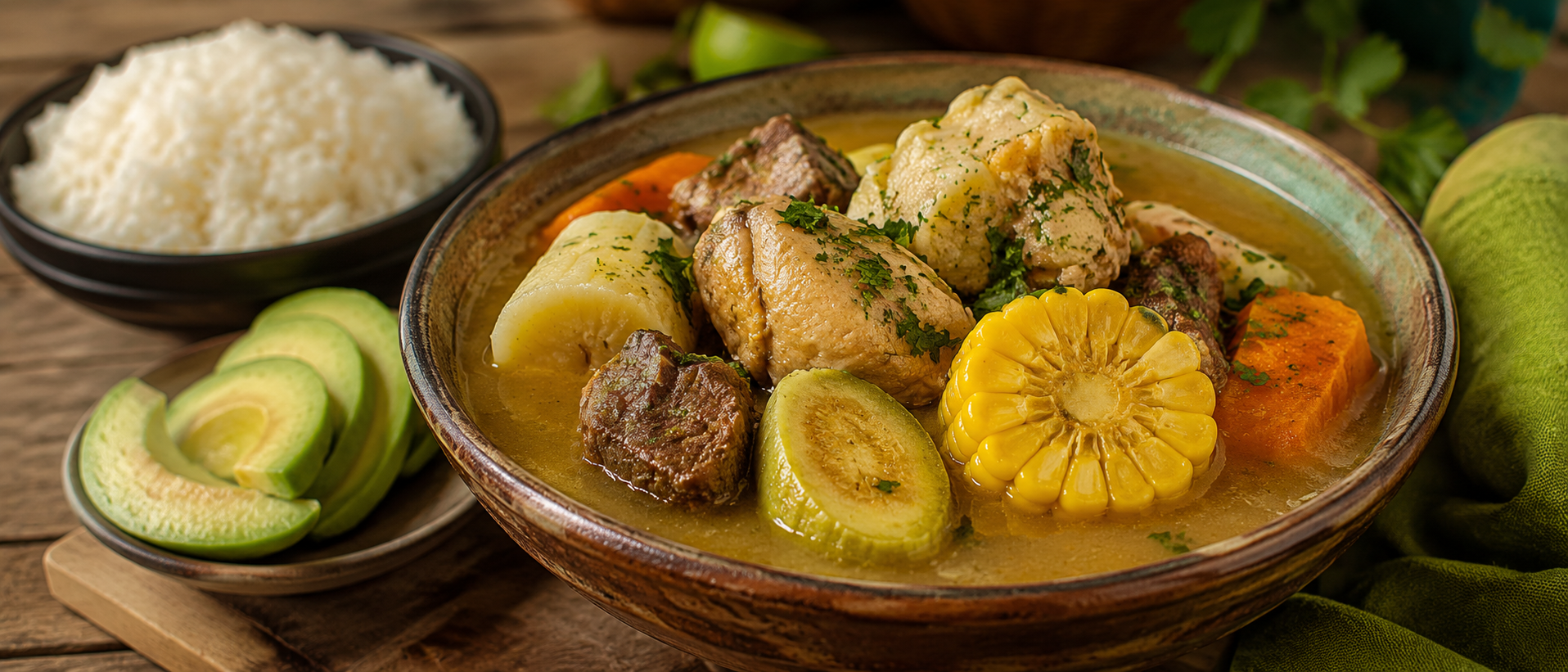 Sancocho dominicano con carnes, yuca, plátano verde, auyama, maíz y caldo espeso