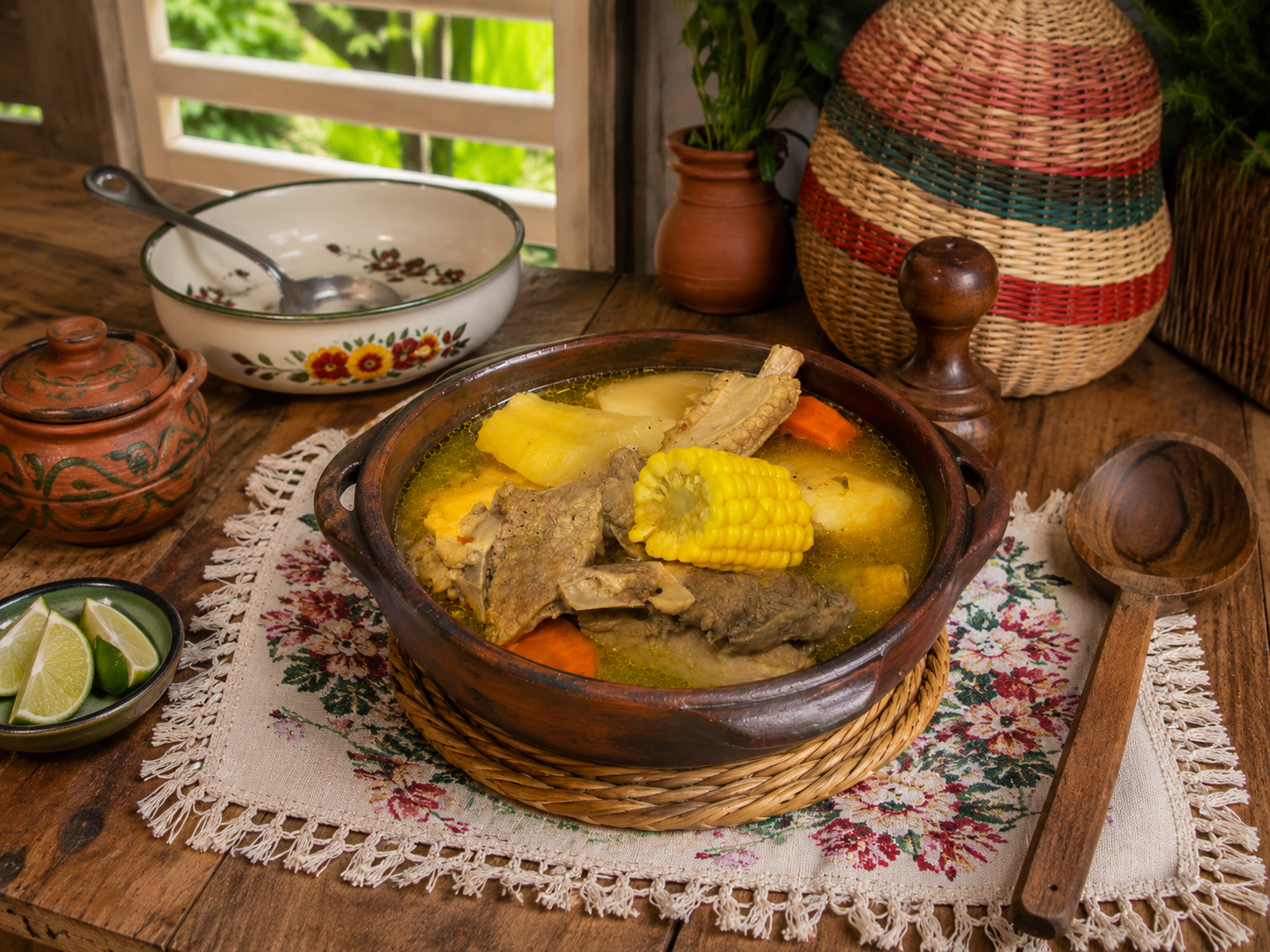 Sancocho dominicano servido con carnes, víveres, maíz, arroz blanco y aguacate