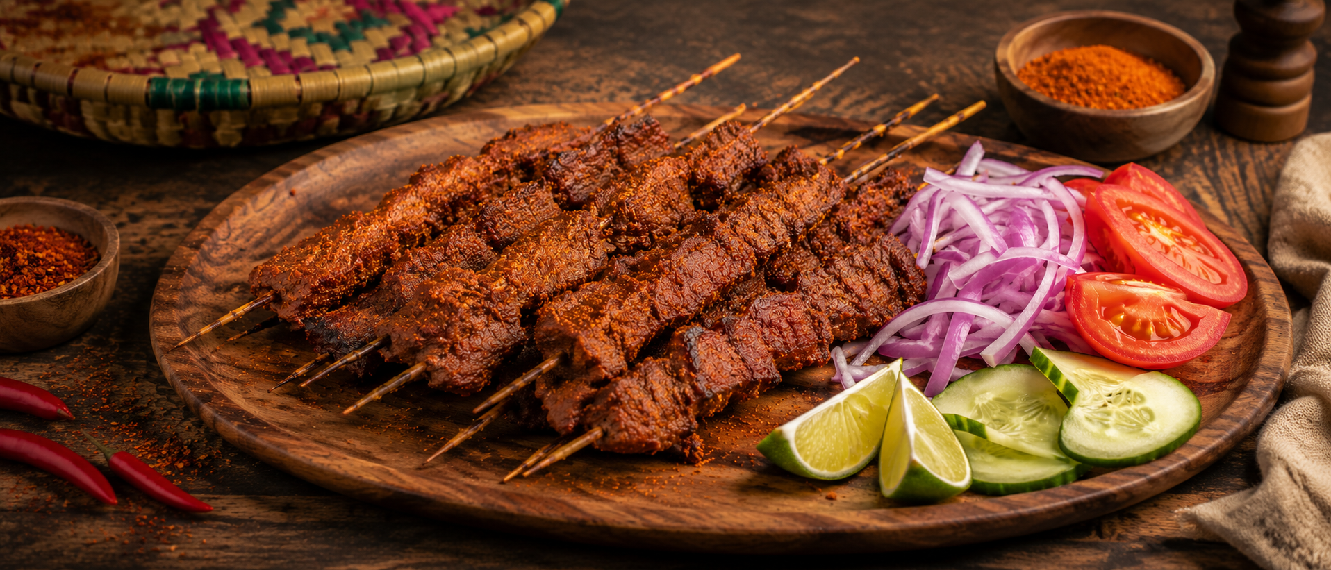 Suya nigeriano con brochetas de carne especiada, cebolla, tomate y lima