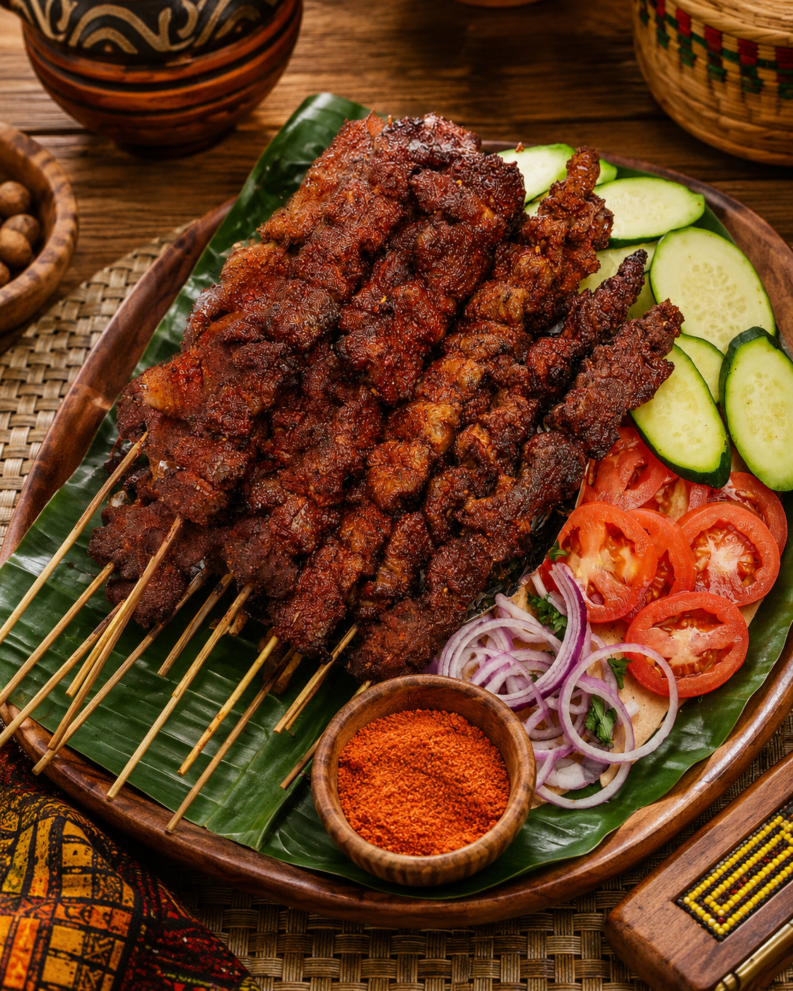 Suya nigeriano servido en brochetas con cebolla, tomate y lima