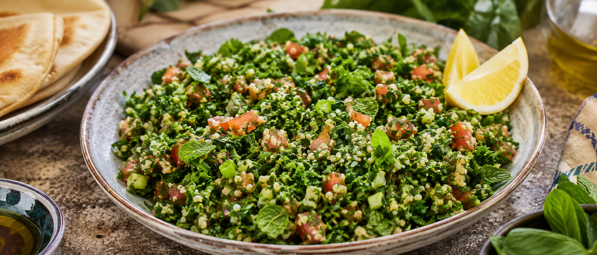 Tabulé libanés con perejil, bulgur, tomate, menta, limón y aceite de oliva