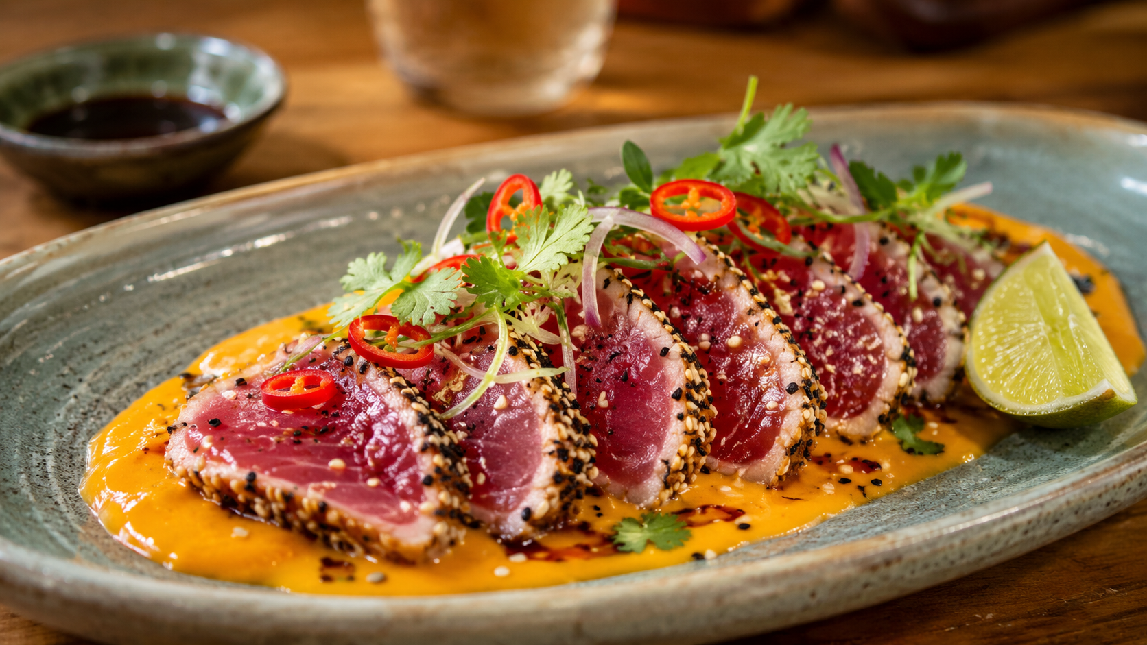 Tataki de atún con salsa de ají amarillo, soja, lima, jengibre y sésamo