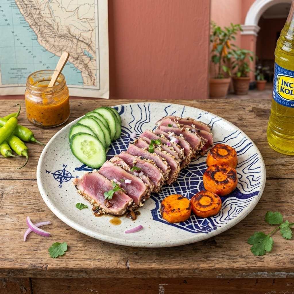 Tataki de atún con salsa de ají amarillo, sésamo, cilantro y lima